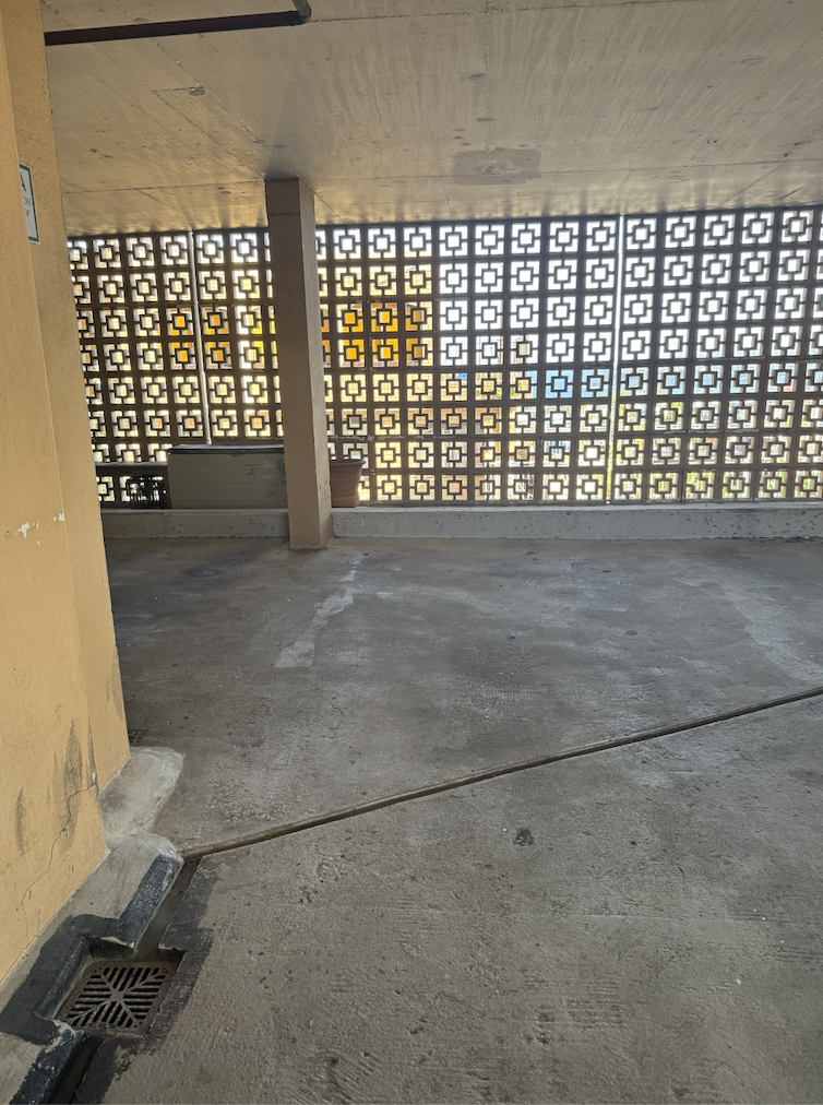 The empty parking bay for Unit 55, facing the brocade wall in the North Bondi car park