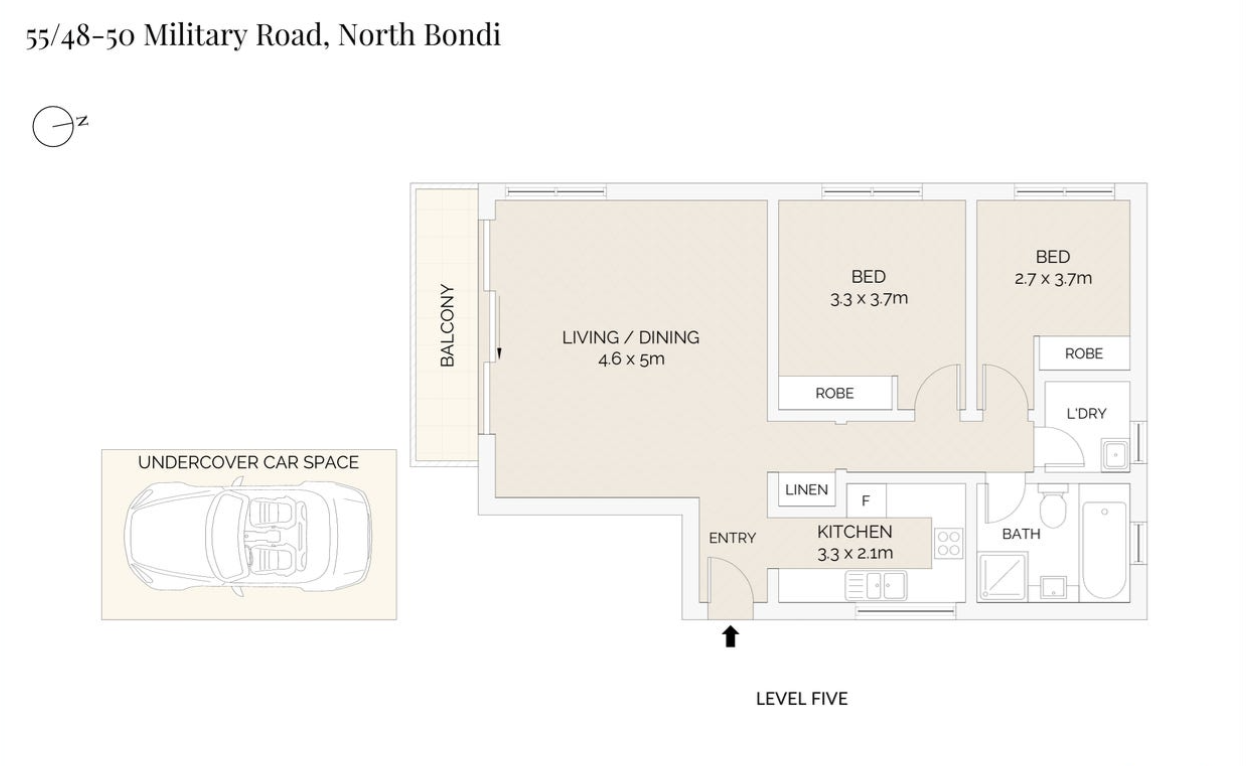 Floor plan of Apartment 55, 48–50 Military Road, North Bondi: living and dining, two bedrooms, kitchen, bathroom, laundry, balcony and undercover car space