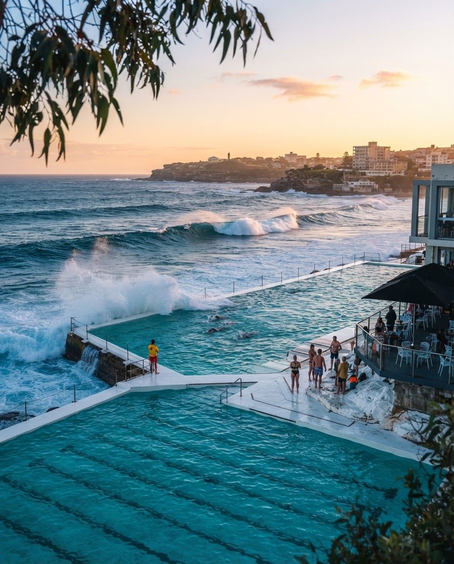 Waves crashing beside the Bondi Icebergs pools at dusk