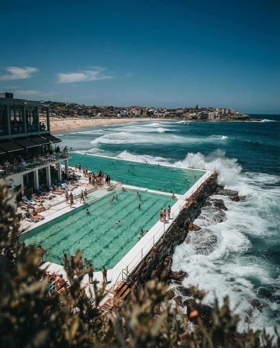 Swimmers in the Bondi Icebergs ocean pool on a summer morning, Sydney
