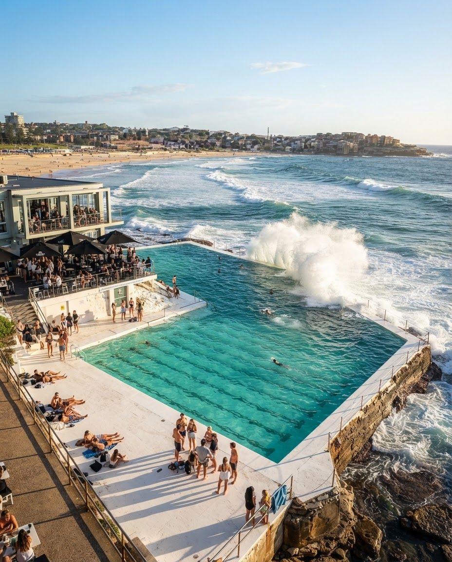 Ocean water surging into the Bondi Icebergs pools