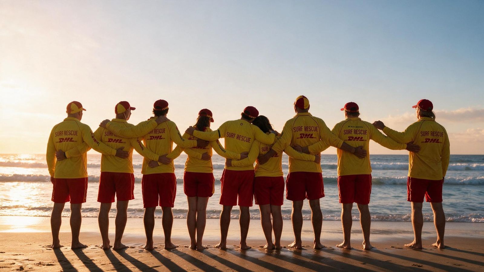 Surf lifesavers on Bondi Beach at dawn