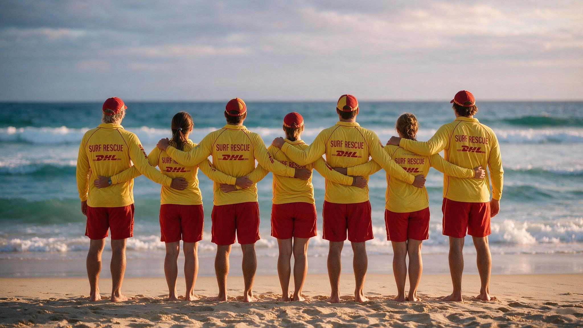 Surf lifesavers standing on the sand at Bondi Beach