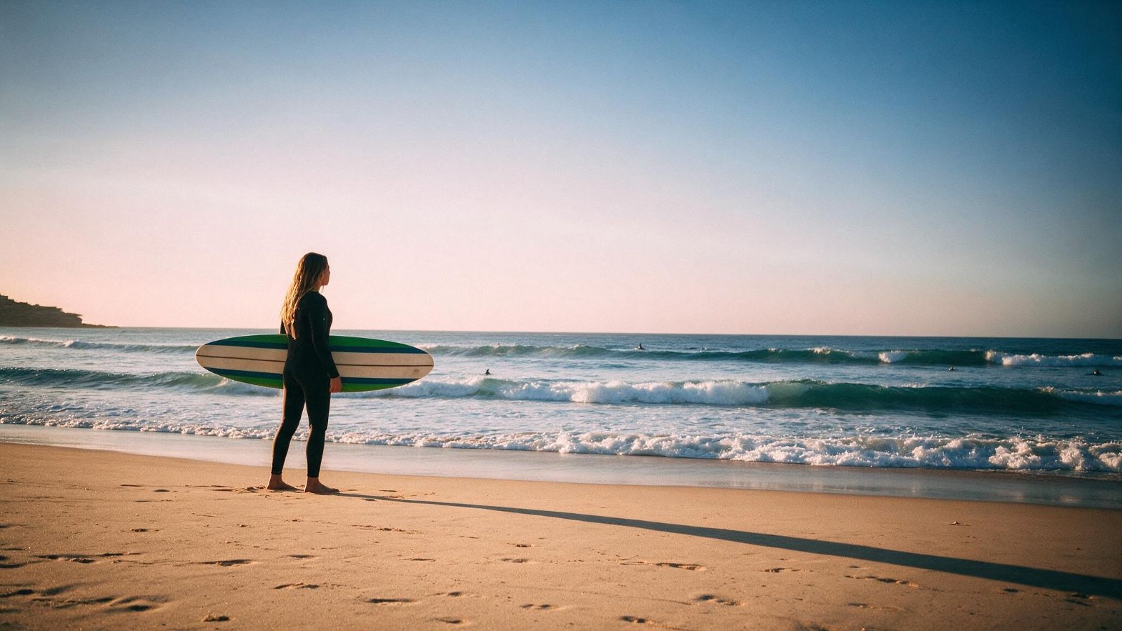 A longboarder walking along the sand at Bondi Beach
