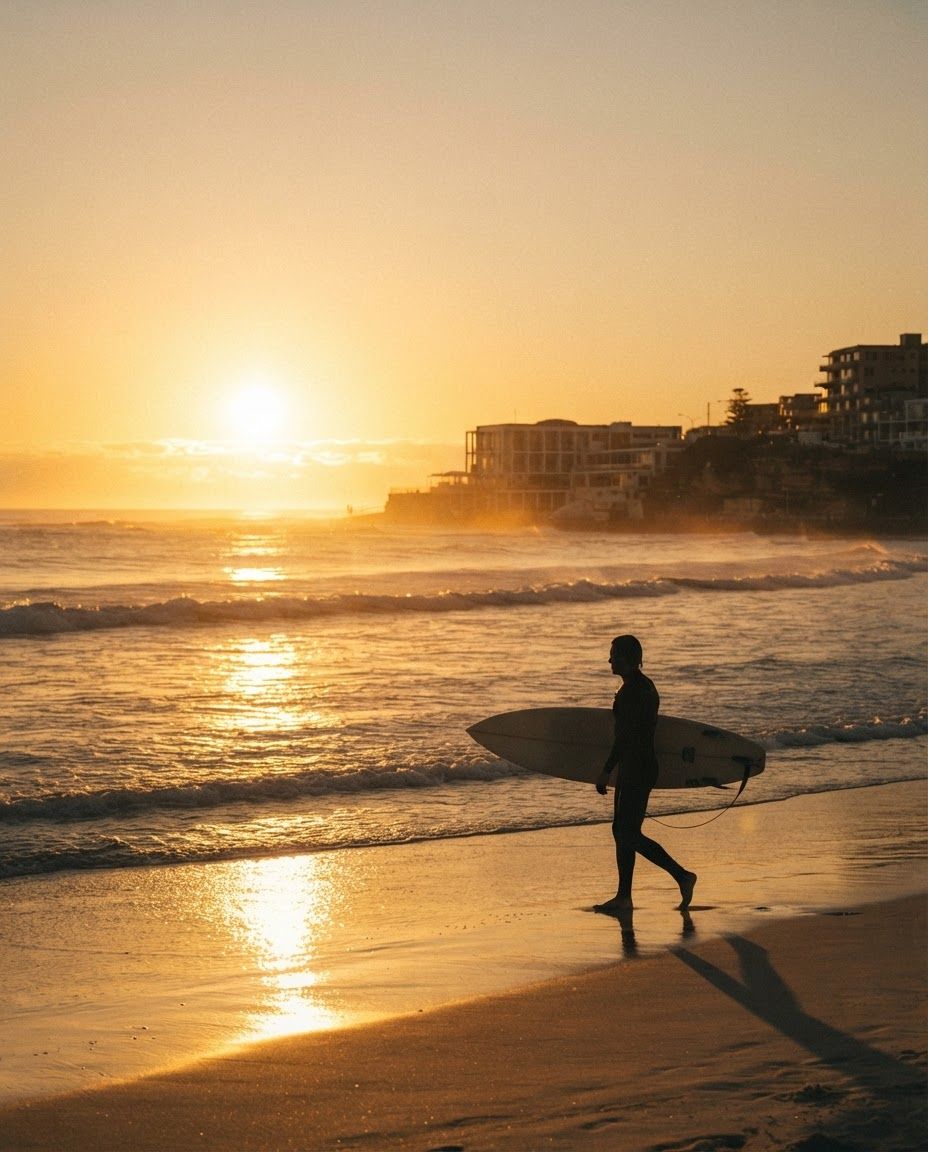 A surfer on Bondi Beach at sunrise