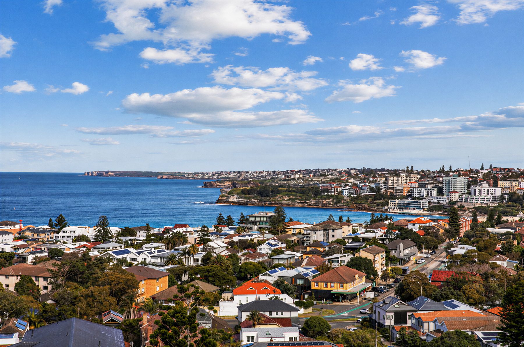 Bondi Beach and the North Bondi coastline on a clear day
