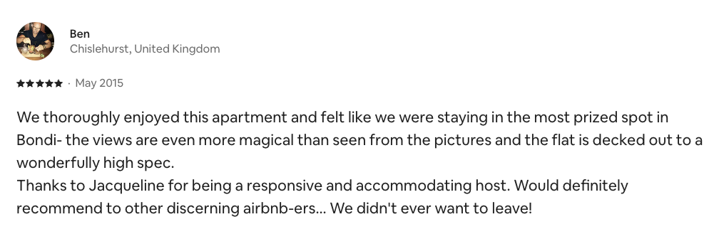 Airbnb review from Ben, Chislehurst, United Kingdom, May 2015