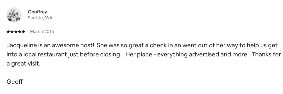 Airbnb review from Geoffrey, Seattle, March 2015