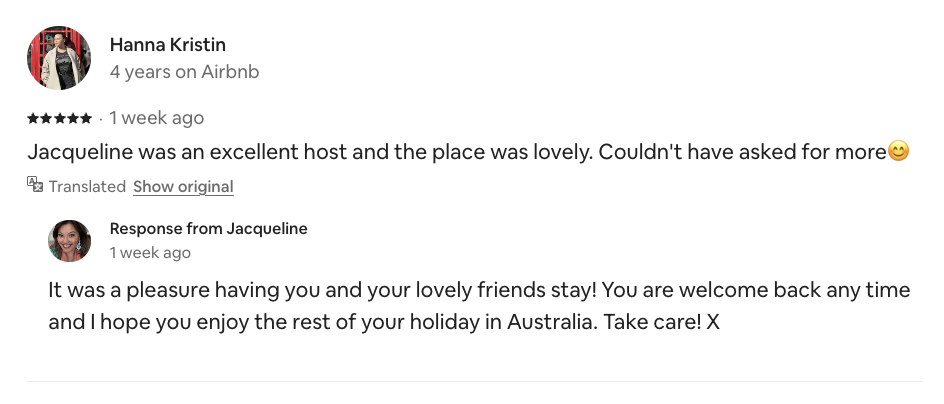 Airbnb review from Hanna Kristin, September 2026: Jacqueline was an excellent host and the place was lovely. Couldn't have asked for more.