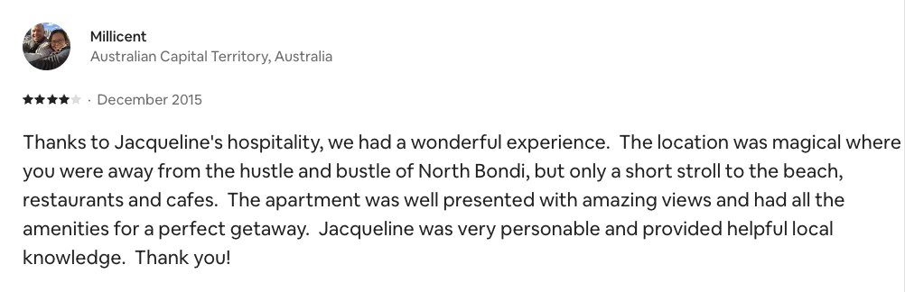 Airbnb review from Millicent, Australian Capital Territory, December 2015