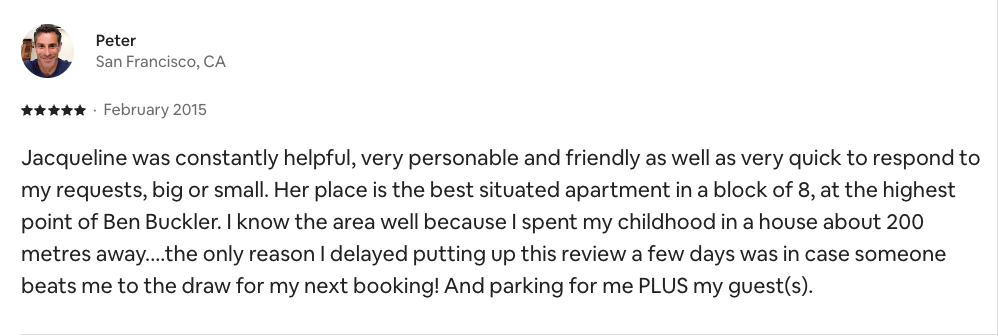 Airbnb review from Peter, San Francisco, February 2015